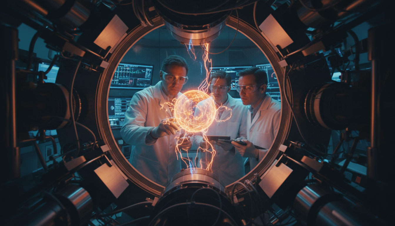 Cientistas observando plasma em reator de fusão nuclear experimental