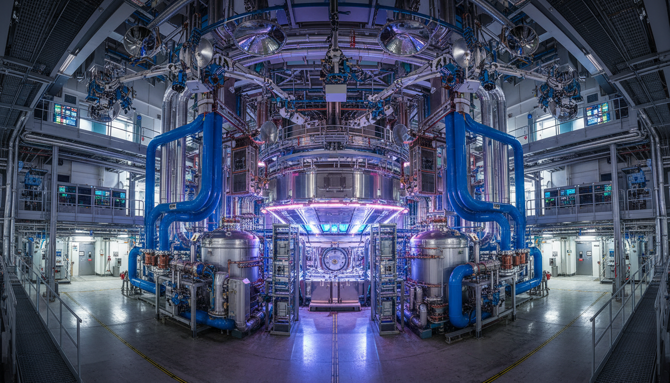 Interior de instalação experimental de fusão nuclear com maquinário complexo