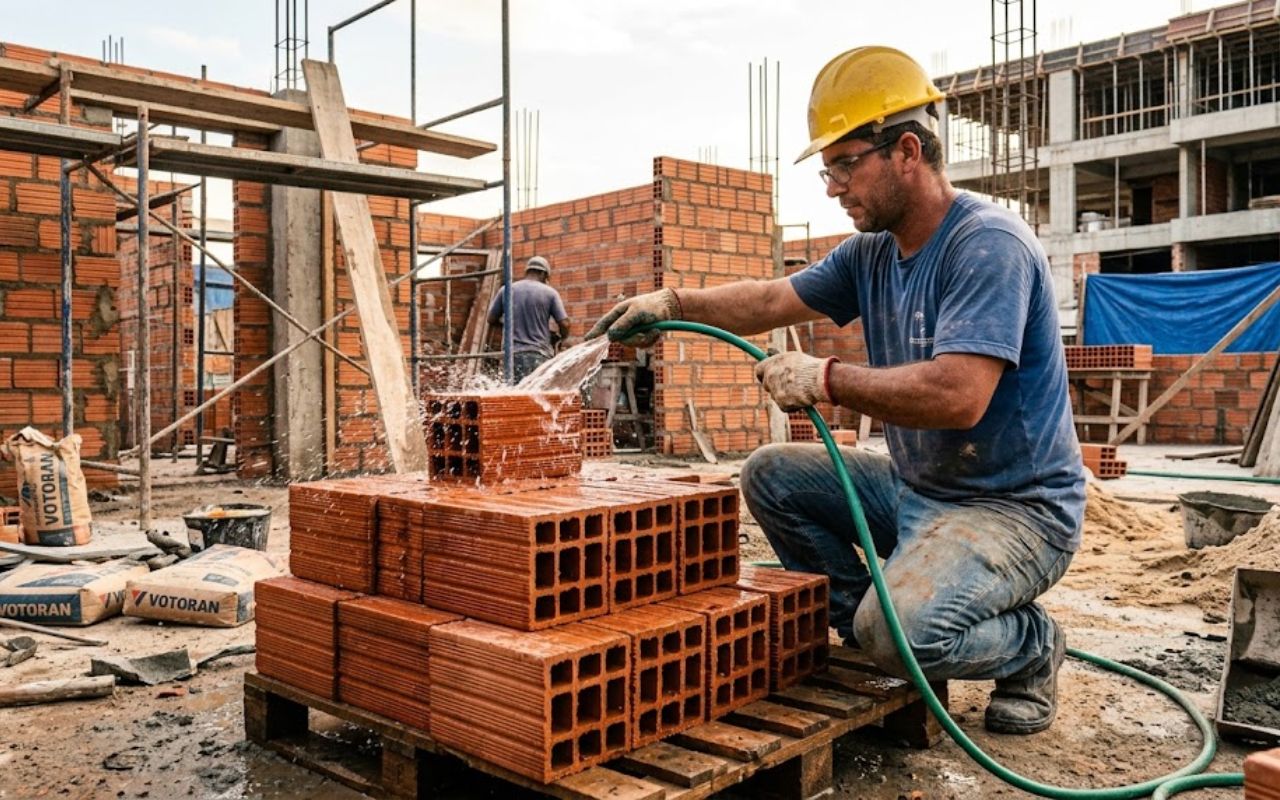 Entenda por que molhar tijolo é uma técnica fundamental na construção civil, garantindo melhor aderência da argamassa, menos fissuras e maior durabilidade da alvenaria.