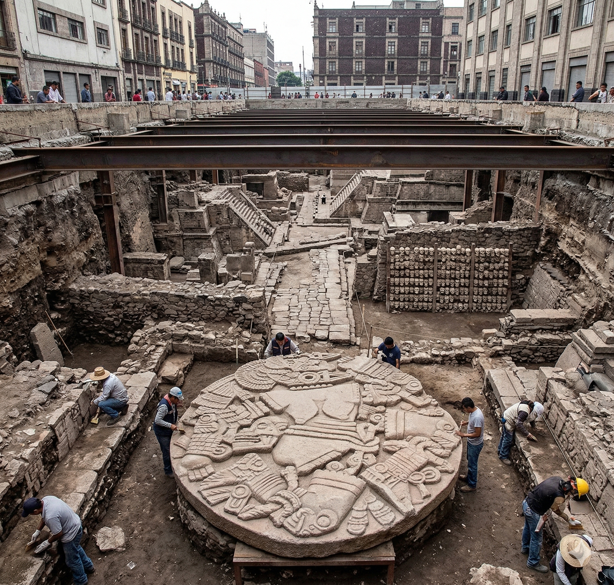 Debaixo da Cidade do México existe uma capital asteca inteira soterrada em 1521, e tudo começou quando operários encontraram um disco de pedra de 3,25 metros com uma deusa desmembrada, revelando templos, crânios e palácios sob 22 milhões de pessoas