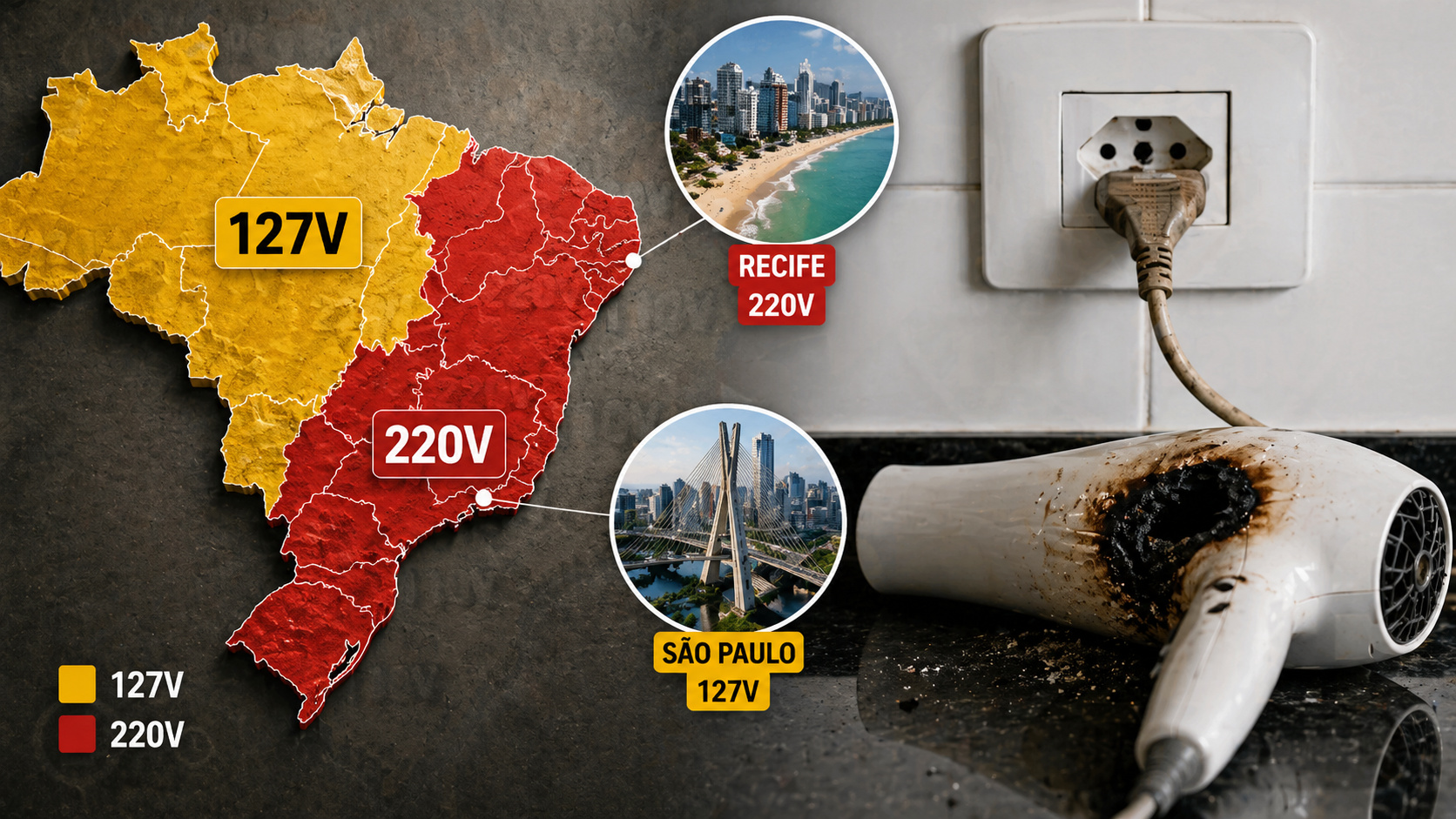 tomadas 127V e 220V lado a lado com secador queimado