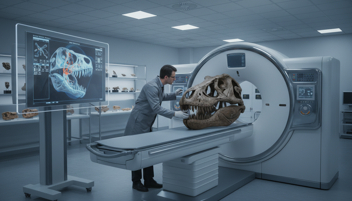Paleontólogo usando tomografia computadorizada para escanear fóssil esmagado de dinossauro