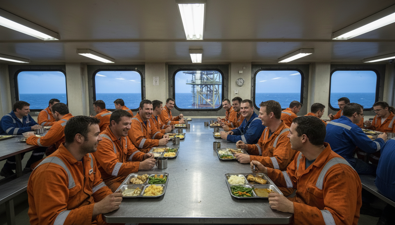 Trabalhadores offshore almoçando juntos em refeitório de plataforma