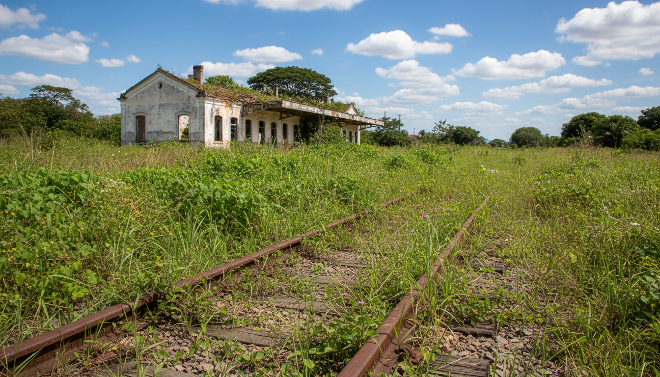Trilhos de trem abandonados e cobertos de mato no interior do Brasil com estação deteriorada