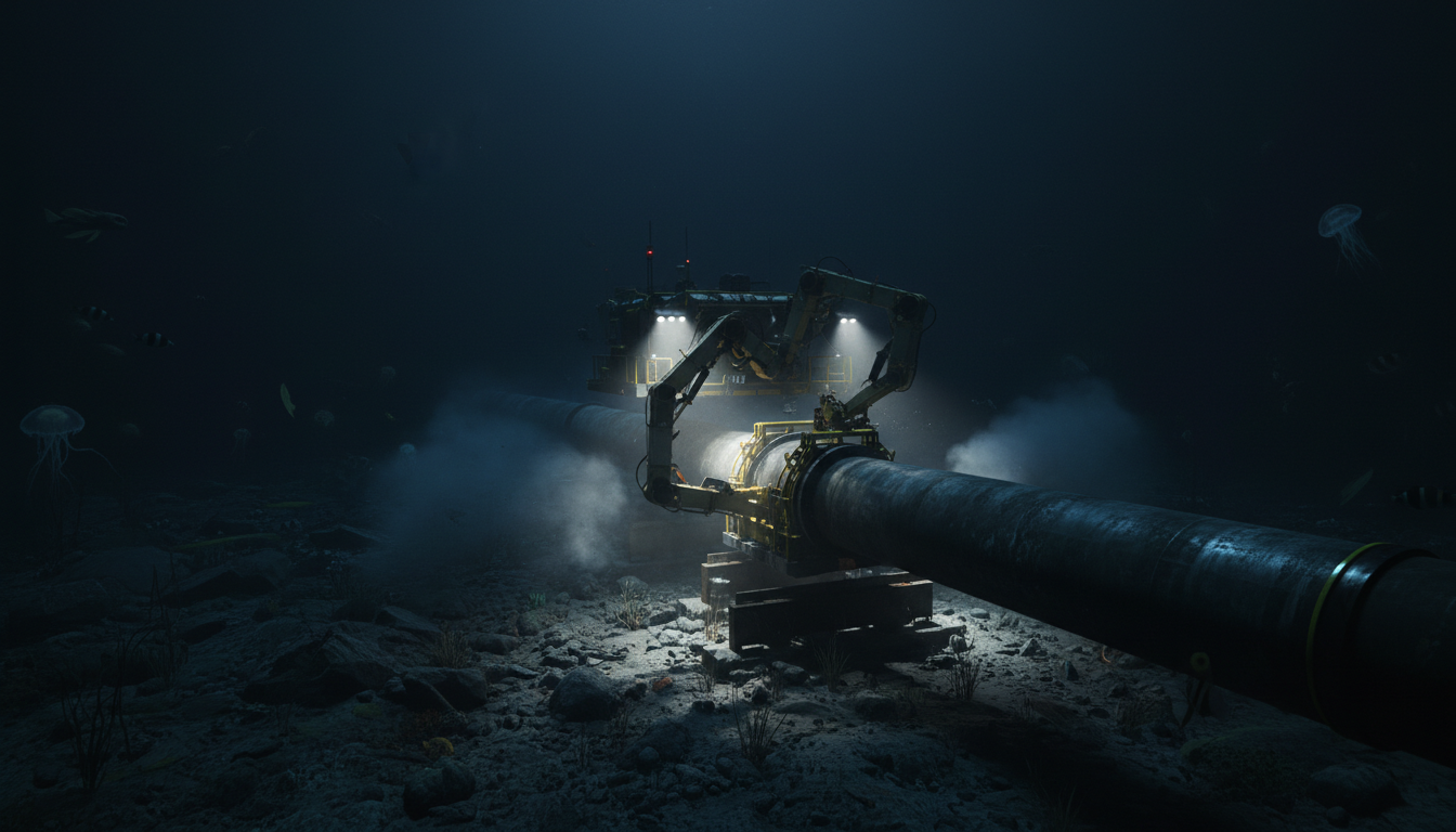 Tubulação submarina sendo instalada por ROV no fundo do oceano