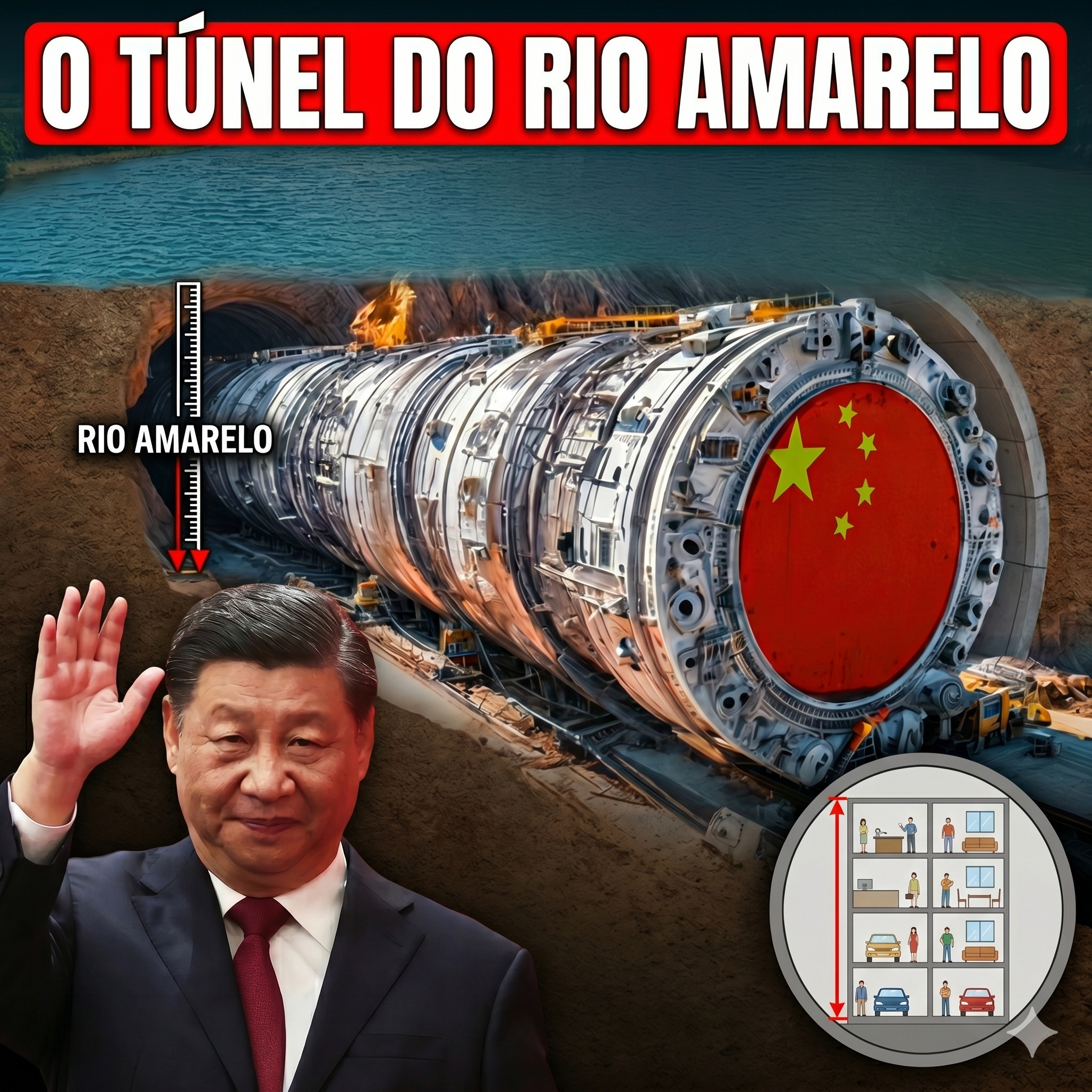 Máquina gigante de 5.200 toneladas avança sob o Rio Amarelo montando barreiras de concreto a cada 2 metros para conter a água subterrânea, e o túnel de 17,5 metros é tão colossal que comportaria um prédio de quatro andares em seu interior