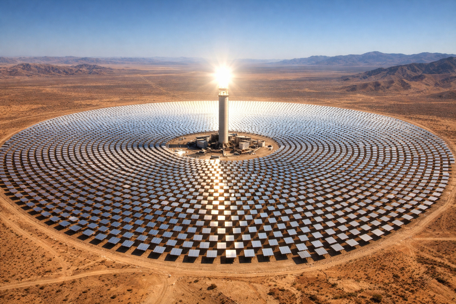 usina solar com espelhos no deserto e torre central