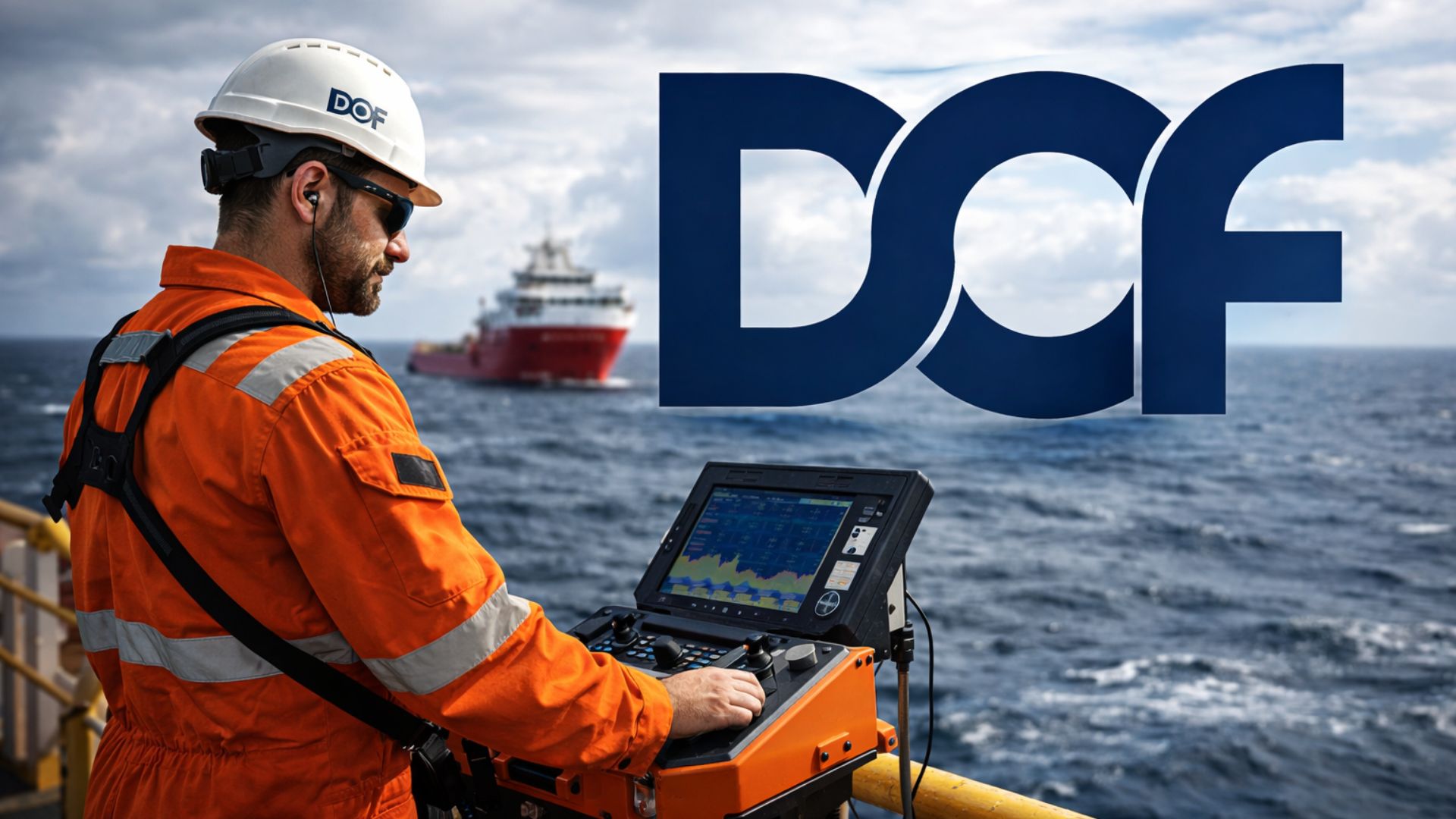 Surveyor trabalhando embarcado em navio offshore operando equipamentos hidroacústicos no mar, com logotipo da DOF em destaque ao fundo