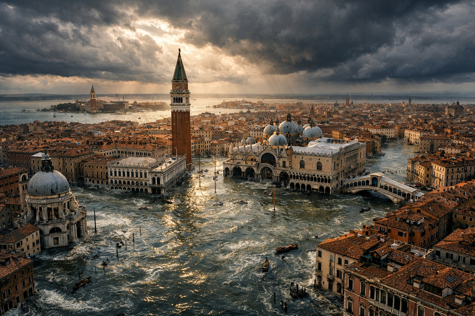 Veneza alagada com prédios históricos parcialmente submersos e canais cheios