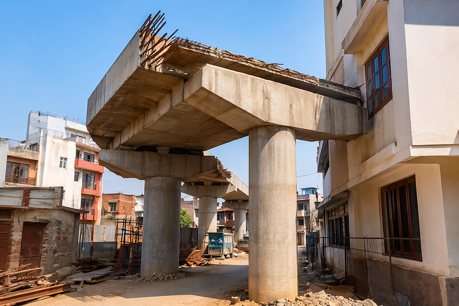 viaduto em construção que parece atingir um prédio residencial não é erro de engenharia