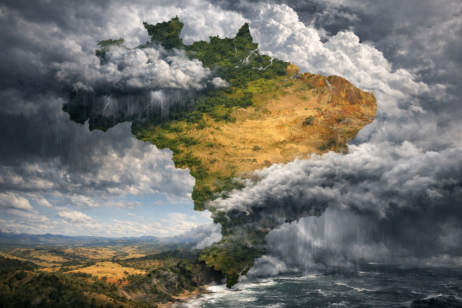 mapa do Brasil com previsão de chuva intensa e frente fria chegando no Sul