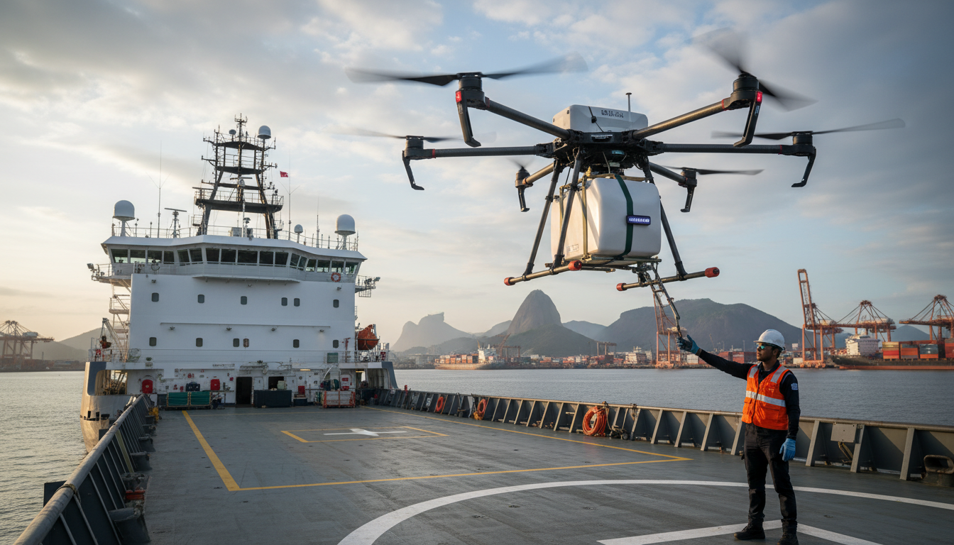 Drone comercial entregando documentos a navio de suprimentos offshore na Baía de Guanabara operação Wilson Sons