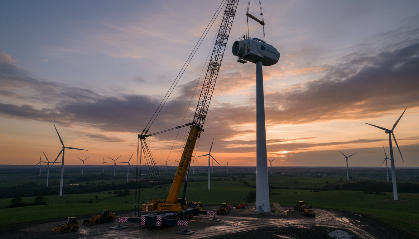 Guindaste móvel instalando nacele de turbina eólica a grande altura em parque eólico