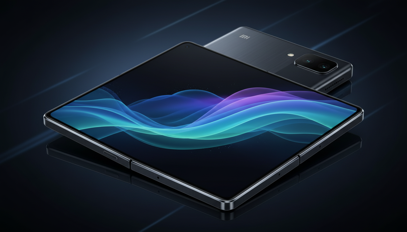 Smartphone Xiaomi de última geração com tela dobrável aberta mostrando display flexível interno