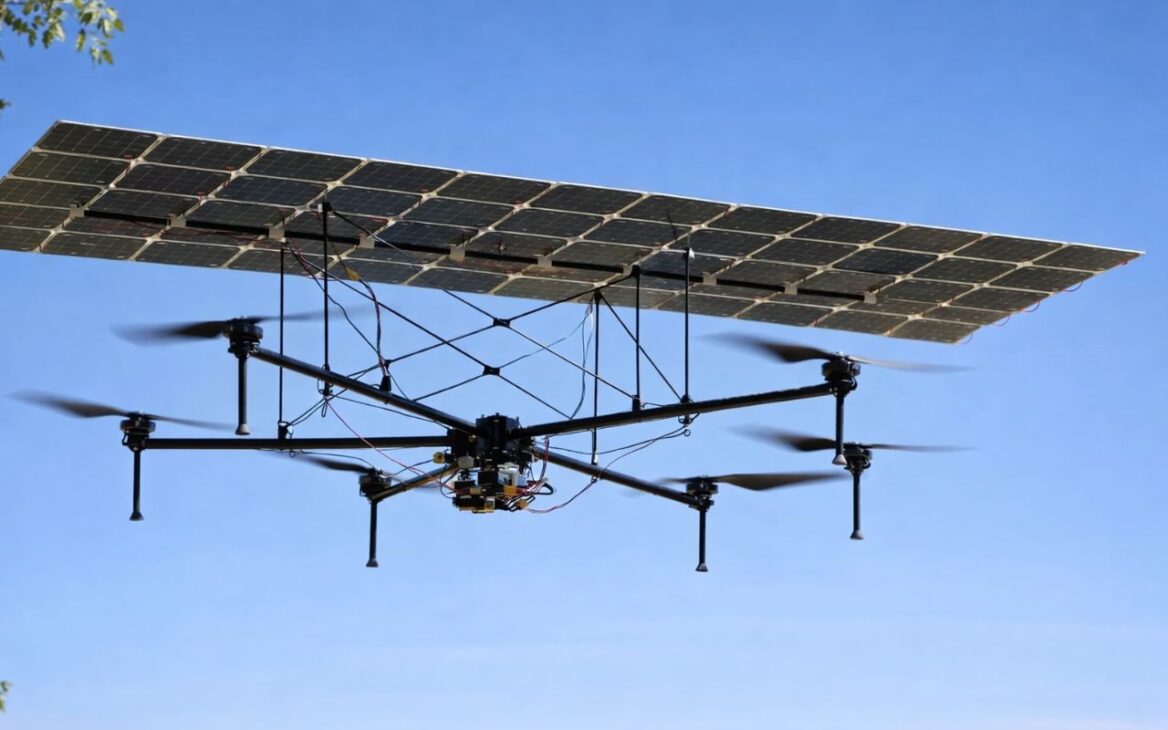 Drone solar caseiro ultrapassa 5 horas de voo, reduz uso de baterias e pode alcançar até 12 horas no futuro.