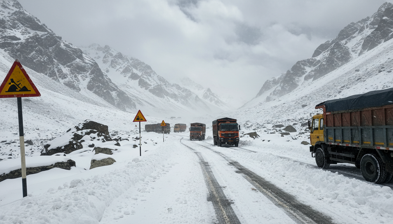 Estrada nevada e perigosa do passo Zoji La no Himalaia com caminhões presos na neve