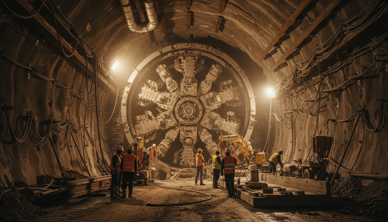 Interior do túnel Zoji La em construção com iluminação de obra e paredes rochosas