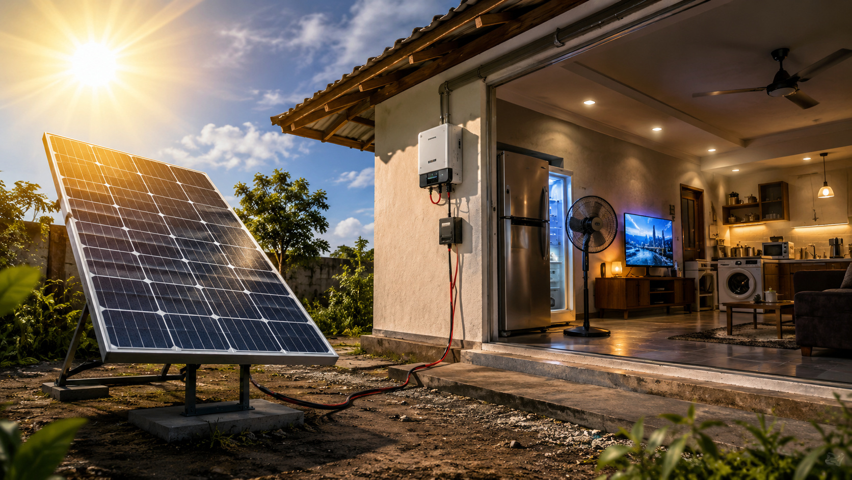 1 único painel solar de 560W foi colocado à prova para tentar sustentar uma casa inteira, e o resultado do teste mostra até onde um módulo gigante realmente consegue alimentar geladeira, ventilador, TV e eletrodomésticos no dia a dia