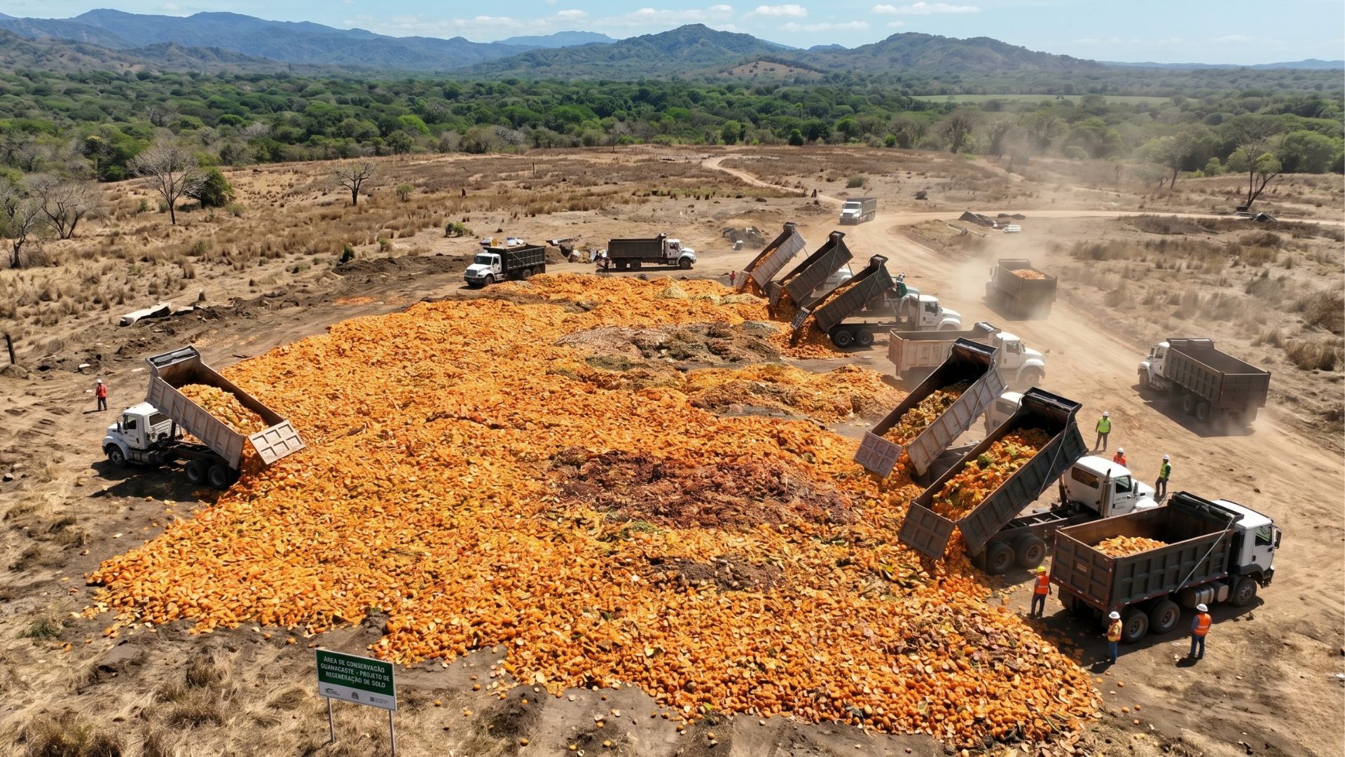 1.000 caminhões despejaram 12 mil toneladas de cascas de laranja descartadas em uma área degradada da Costa Rica para transformar resíduo de fábrica de suco em floresta