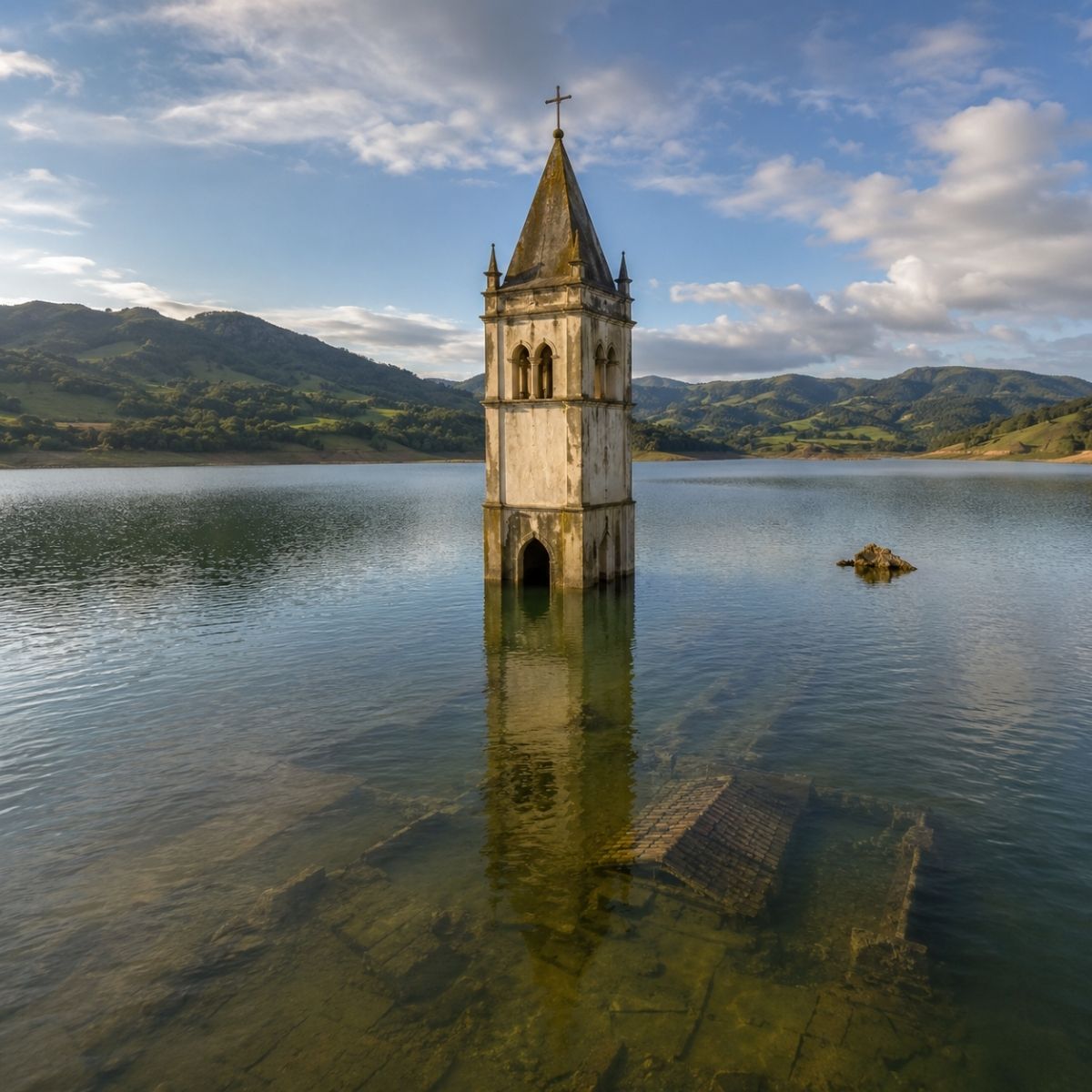 Cidade submersa em Siderópolis (SC) guarda torre de igreja intacta na barragem do Rio São Bento. Lago de 450 hectares abastece 6 cidades. Saiba como visitar.