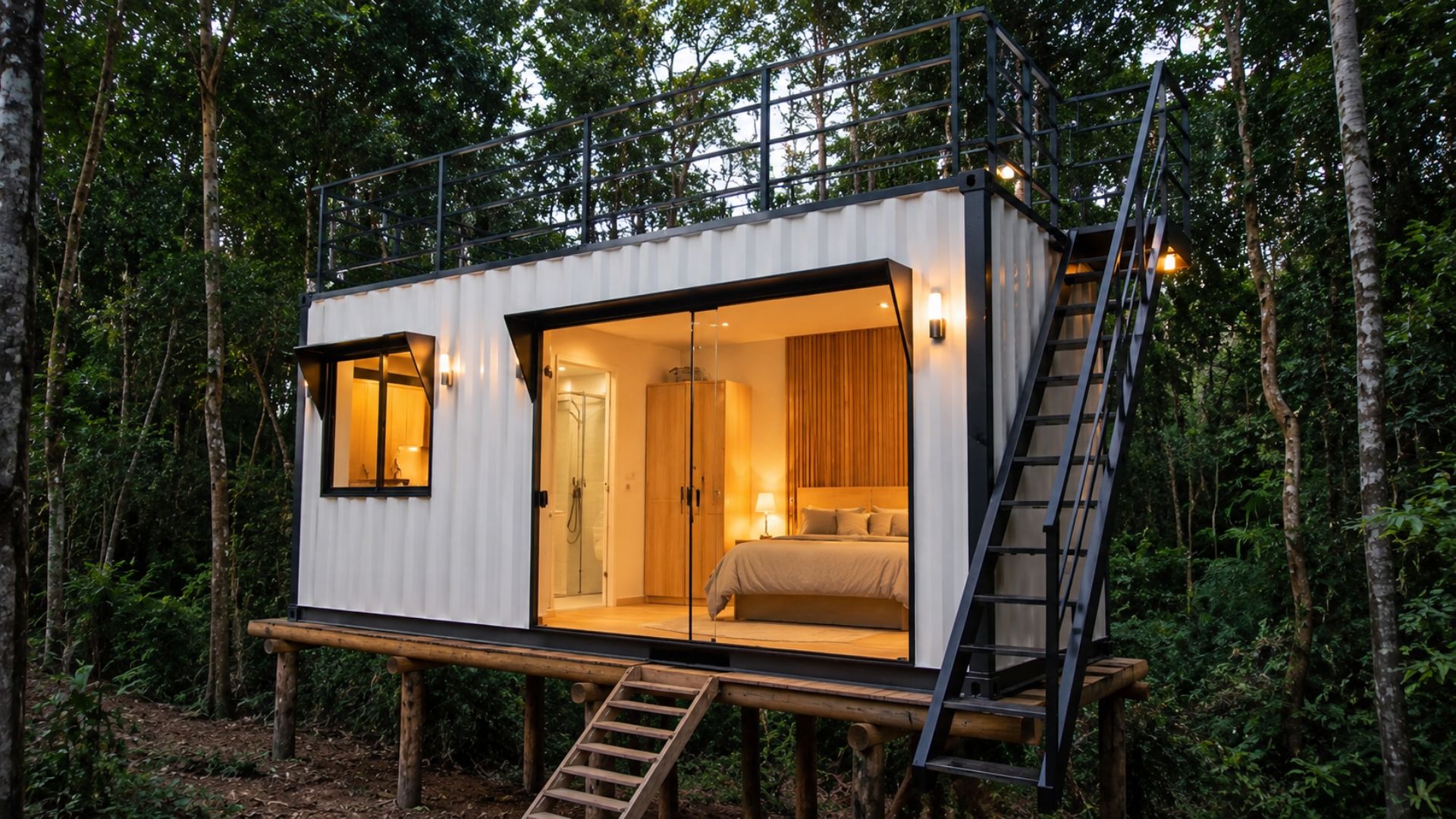 Adriel Azul Containers entregou em Juquitiba (SP) uma kitnet container de 15 m² mobiliada com cama, painel ripado, cozinha planejada e box de canto, pronta pra morar.