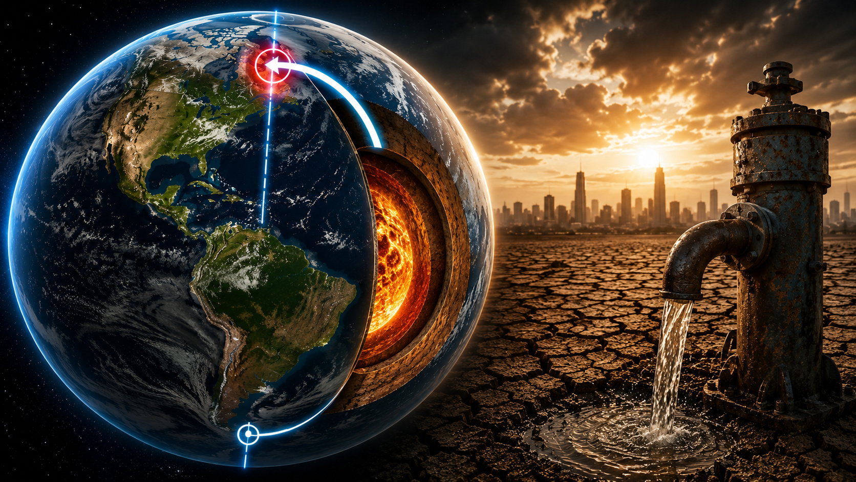 A humanidade bombeou tanta água subterrânea que mexeu no eixo da Terra: estudo mostra deslocamento polar de 4,36 cm por ano e liga aquíferos esvaziados à rotação do planeta