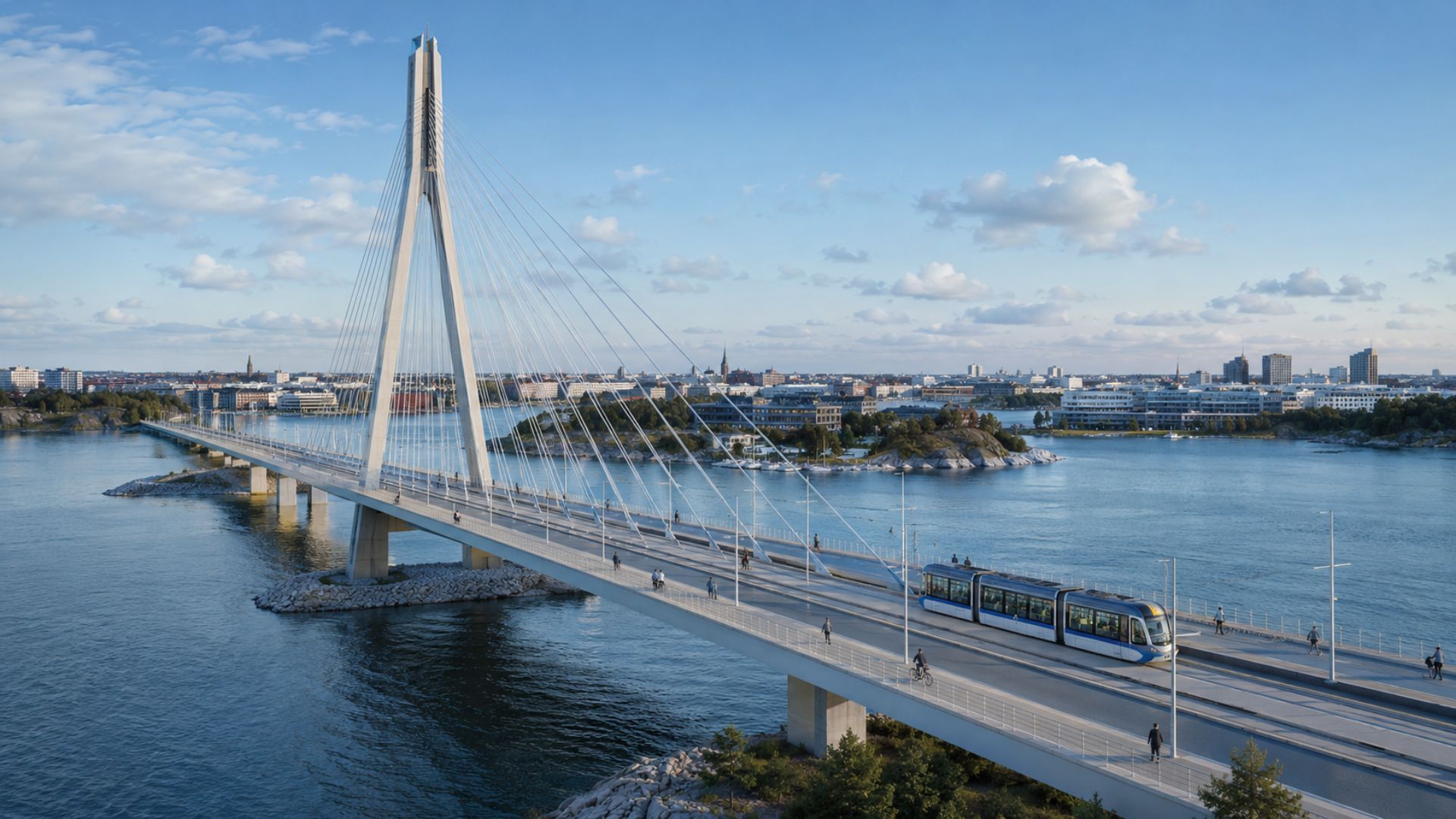 A maior ponte da Finlândia em Helsinque proíbe carros e permite apenas bondes e bicicletas. Kruunuvuorensilta tem 1,2 km sobre o Mar Báltico.