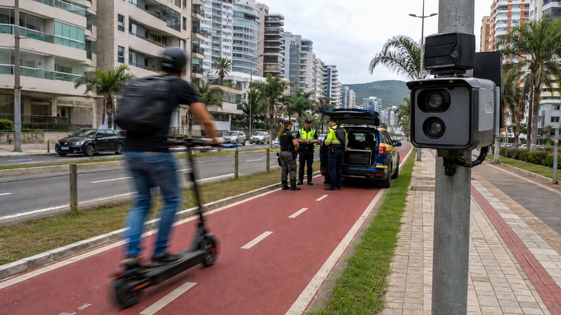 Itajaí usa radar para fiscalizar patinete acima de 32 km/h. Equipamento pode ir ao pátio e condutor recebe multa. Ciclovias sob vigilância em SC.