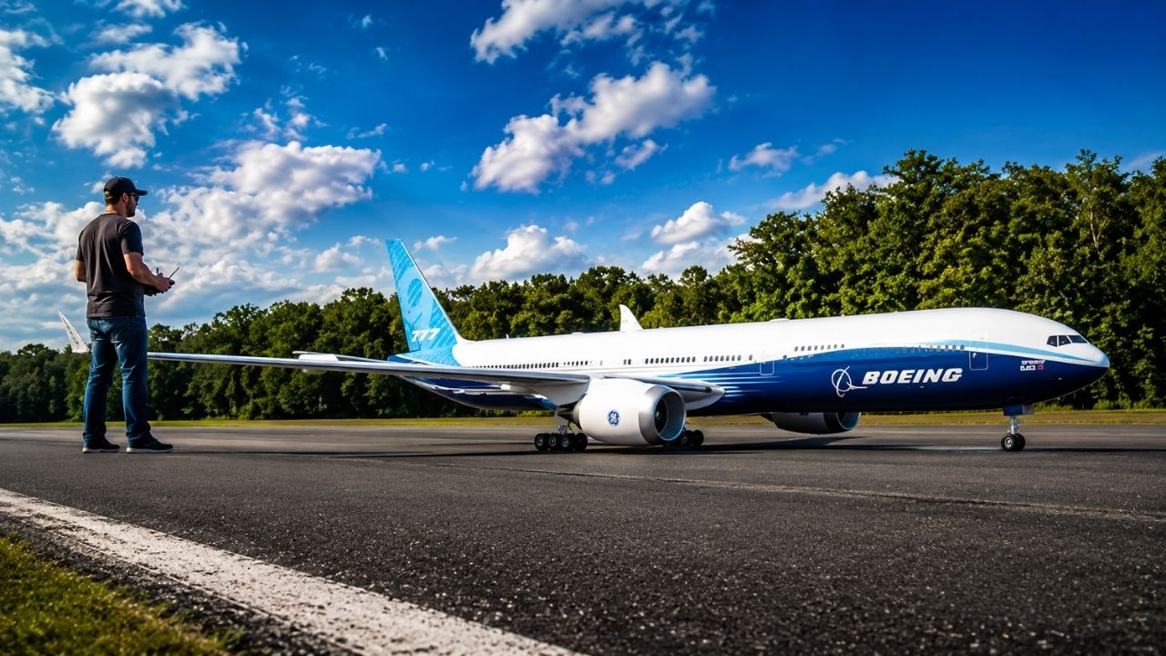 Aeromodelo gigante de Boeing 777 ganha pintura oficial da Boeing, janelas recortadas e luzes funcionais, mas primeiro voo com visual final revela problema no trem de pouso (4)