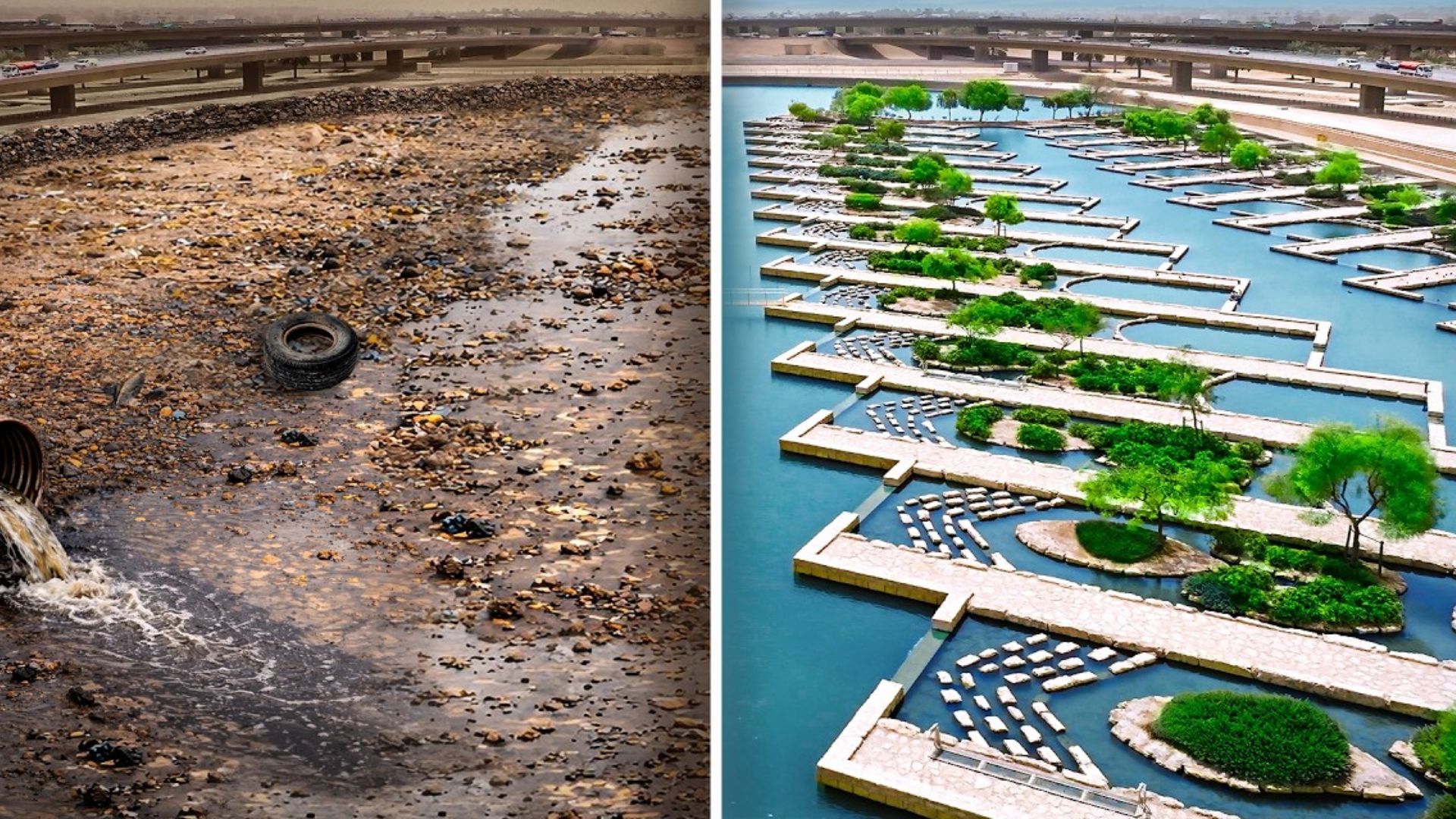 Água de esgoto em Riade vira recurso na Arábia Saudita com plantas, algas e peixes, irrigando fazendas e apoiando milhões de árvores.