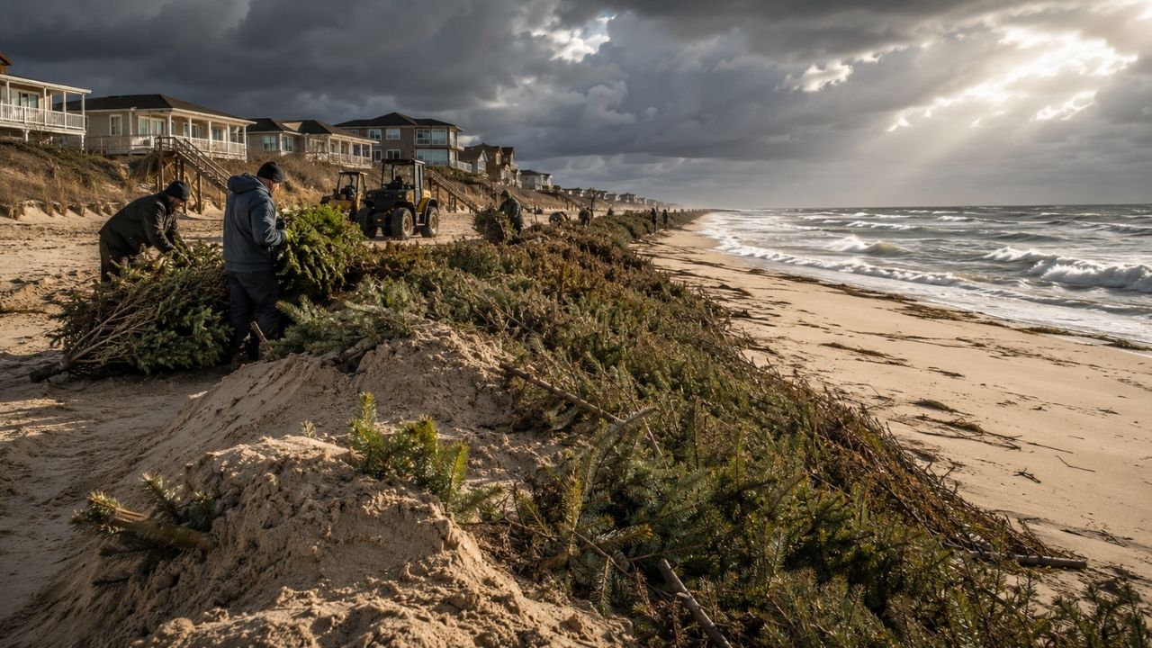 Árvores de Natal jogadas fora viram muralha natural no Alabama, onde equipes reaproveitam milhares de pinheiros nas praias de Gulf Shores para prender areia, reconstruir dunas e proteger (3)