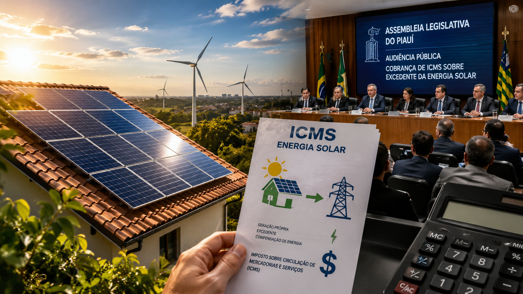 Painéis solares em residência e audiência pública representando debate sobre ICMS da energia solar no Piauí
