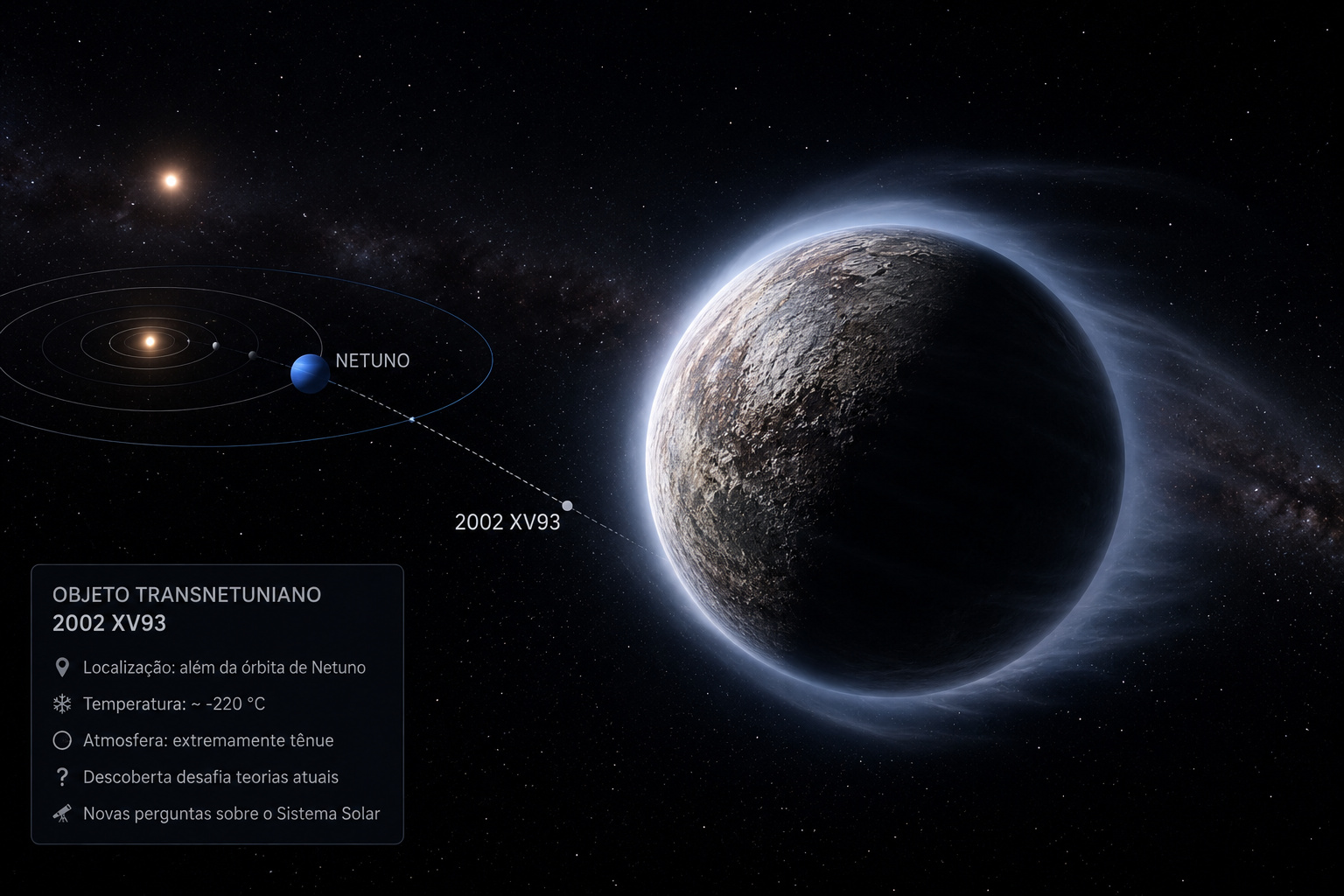 Imagem representa o objeto transnetuniano 2002 XV93 e a descoberta de uma atmosfera tênue no espaço profundo