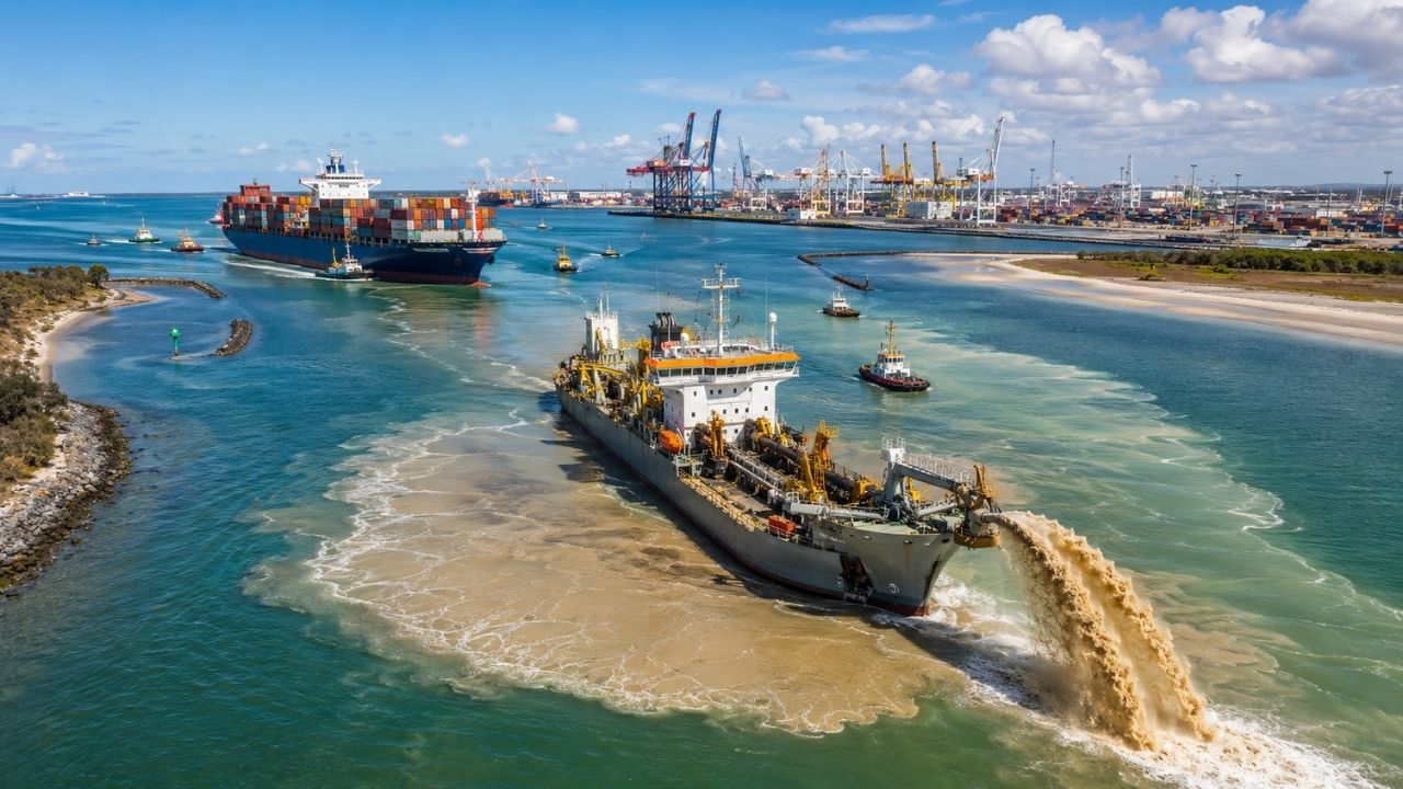 Austrália prepara dragagem de 96,5 milhões de m³ em Moreton Bay para aprofundar, alargar e realinhar canais do Porto de Brisbane, em obra de até 25 anos criada para receber navios (1)