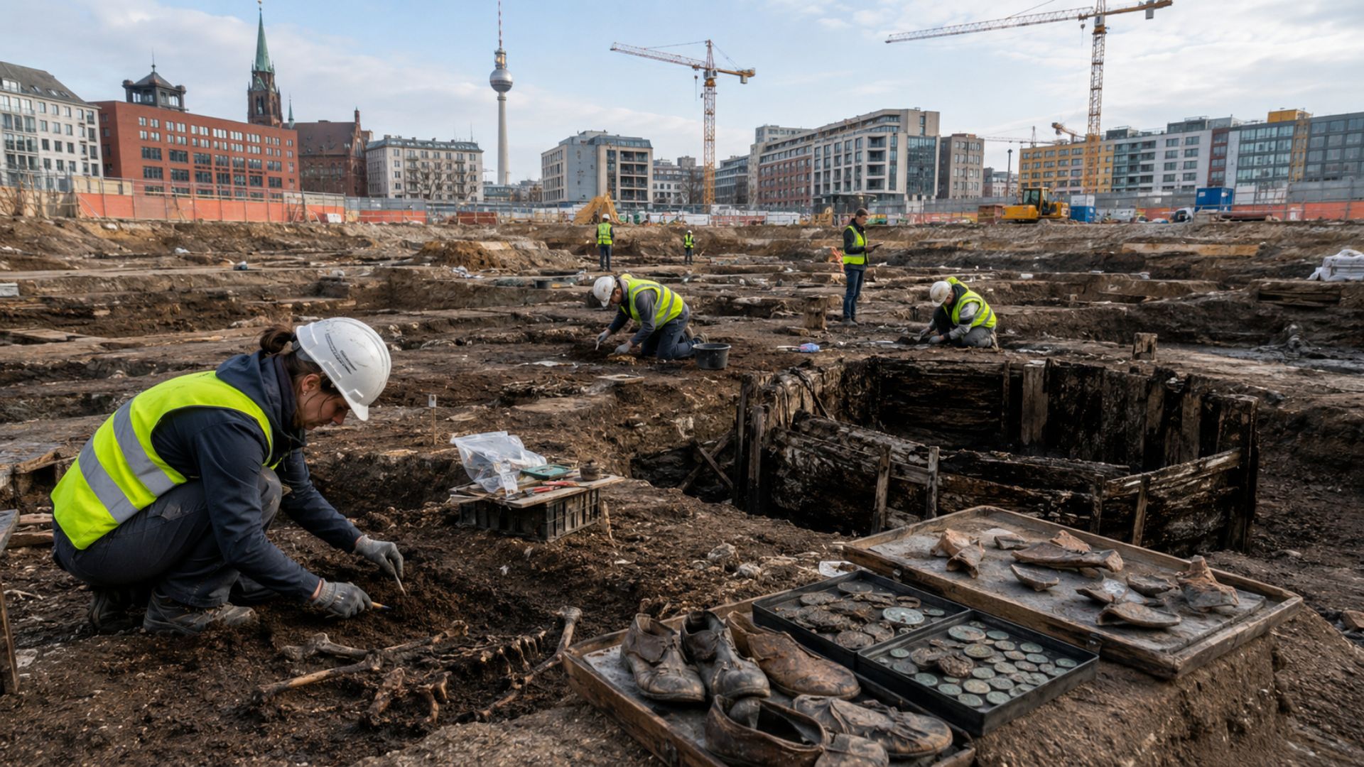 Berlim escava Molkenmarkt em área de 25 mil m² e revela origem medieval com arqueólogos, ossos, moedas, sapatos e vestígios antes dos apartamentos.