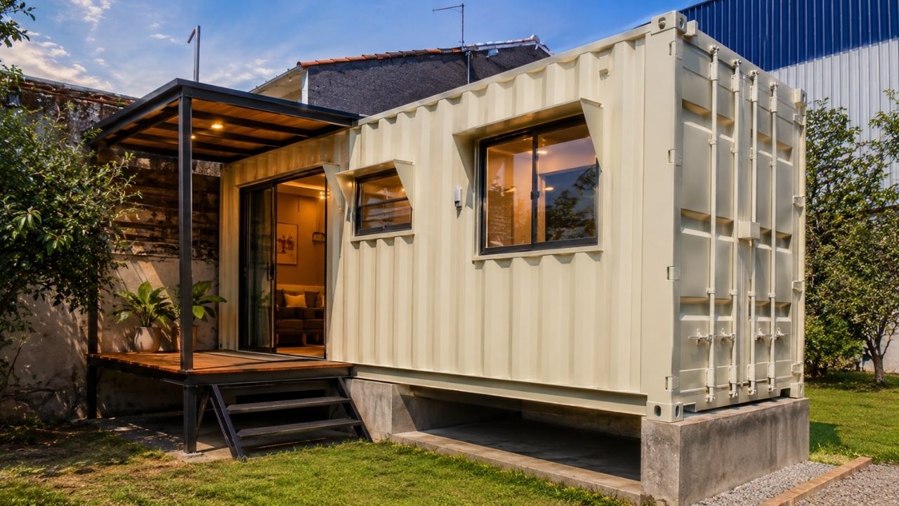 Casa container de 20 pés é entregue pronta em Bertioga com base elevada contra umidade, deck metálico, banheiro revestido, quarto ventilado, sala para sofá-cama,