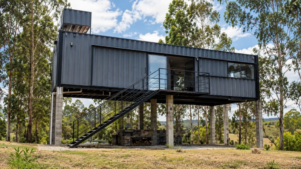 Casa container suspensa de R$ 150 mil surpreende em chácara no Paraná ao trocar obra tradicional por estrutura elevada de 60 m², acabamento moderno, isolamento térmico e