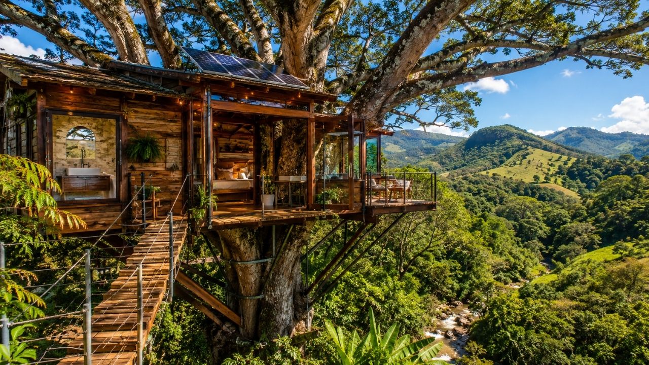 Casa na árvore construída em um jatobá centenário na Serra da Mantiqueira surpreende por funcionar como hospedagem real, com banheiro, energia, sistema de esgoto (5)