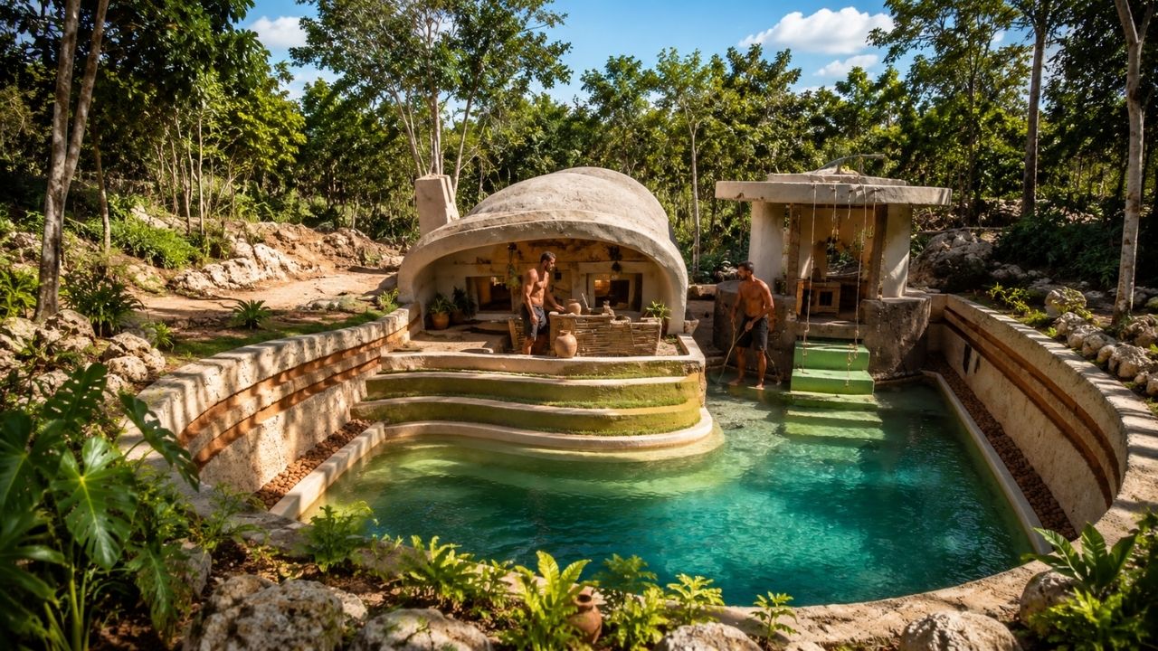 Casa semi-enterrada feita à mão em área de mata ganha cobertura curva, janelas, espaço interno rústico e piscina integrada ao terreno, enquanto dois homens transformam escavação (1)