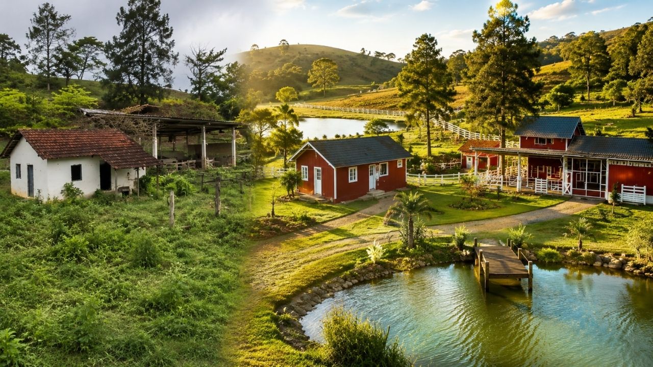 Casal transforma sítio no interior de Minas em refúgio rural com lago, cozinha ampliada e quartos para receber visitantes, revela mudança impressionante em imagens de antes e depois e (5)