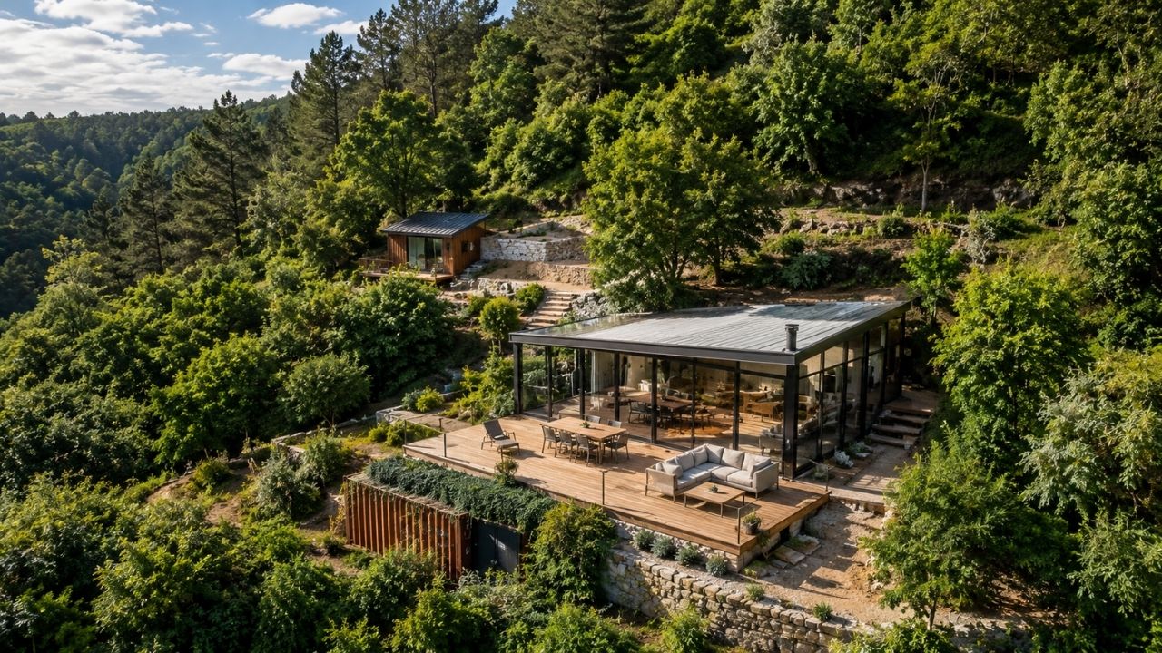 Casal transforma terreno abandonado em Portugal, move tiny house de 6 toneladas, esconde contêiner no declive e constrói deck de 50 m² em dois dias enquanto avança na casa (6)