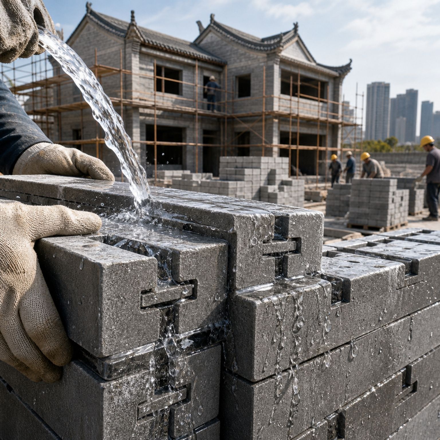 Casas na China usam tijolos que grudam com água e podem reduzir o uso da argamassa tradicional, prometendo obras mais rápidas, limpas e econômicas, mas exigem projeto