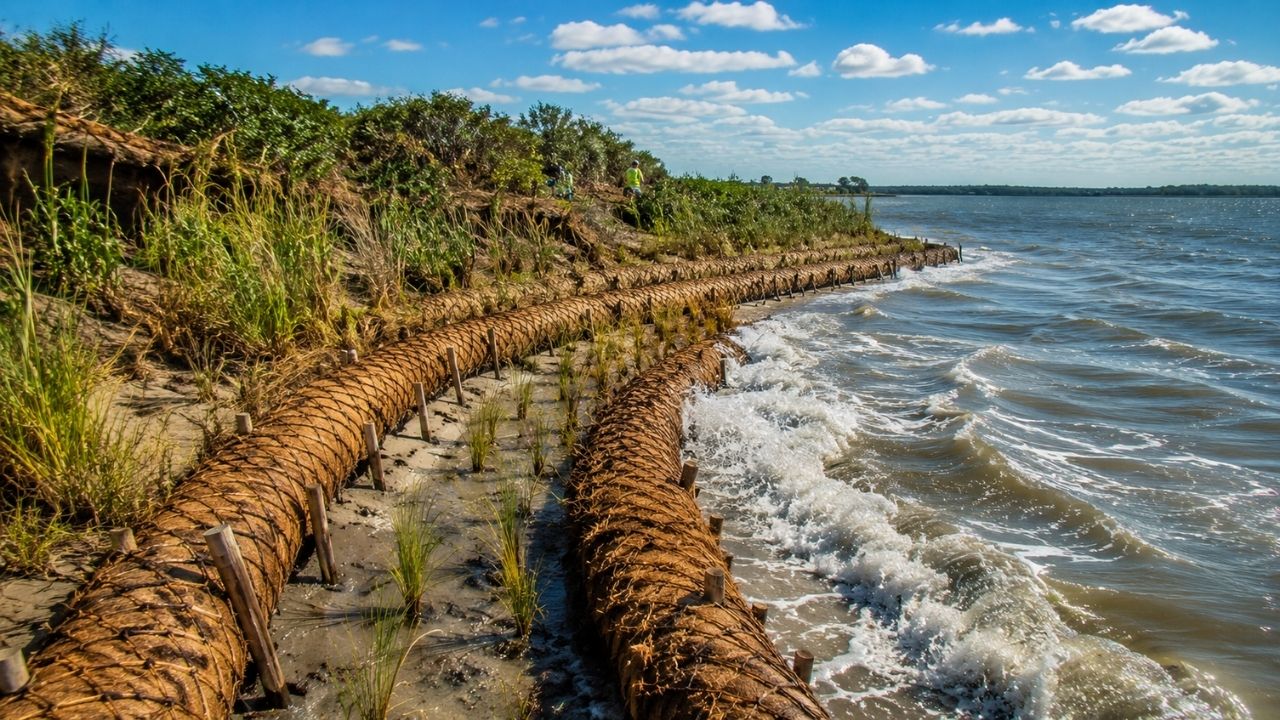 Cascas de coco viram troncos naturais para proteger costas em erosão nos EUA, com fibras biodegradáveis usadas em margens vivas para segurar plantas, reduzir a força das ondas (2)