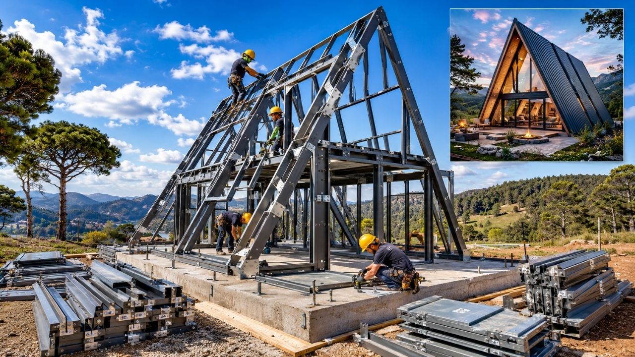 Chalé metálico parafusado é montado como um Lego gigante em apenas dois dias, usando peças numeradas, cortes de fábrica, hard bolts no concreto e estrutura de metalon sem solda (4)