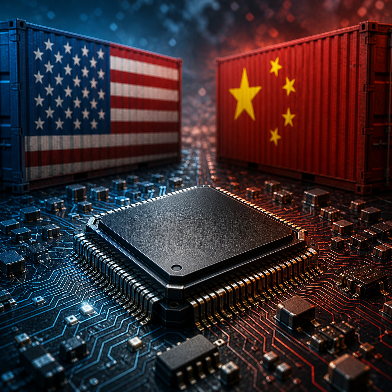 Chip semicondutor em destaque sobre placa eletrônica com bandeiras dos Estados Unidos e China ao fundo, simbolizando disputa tecnológica e restrições na exportação de chips