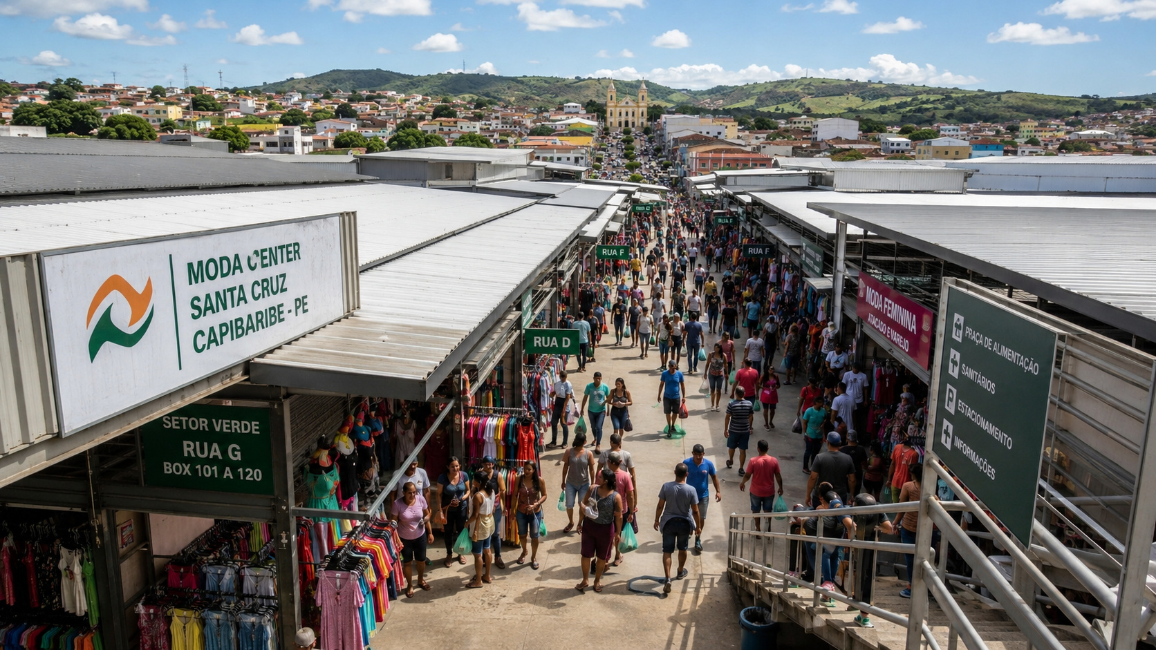 Vista panorâmica do Moda Center Santa Cruz, em Pernambuco, com corredores lotados de compradores e lojas de moda popular na capital das blusinhas