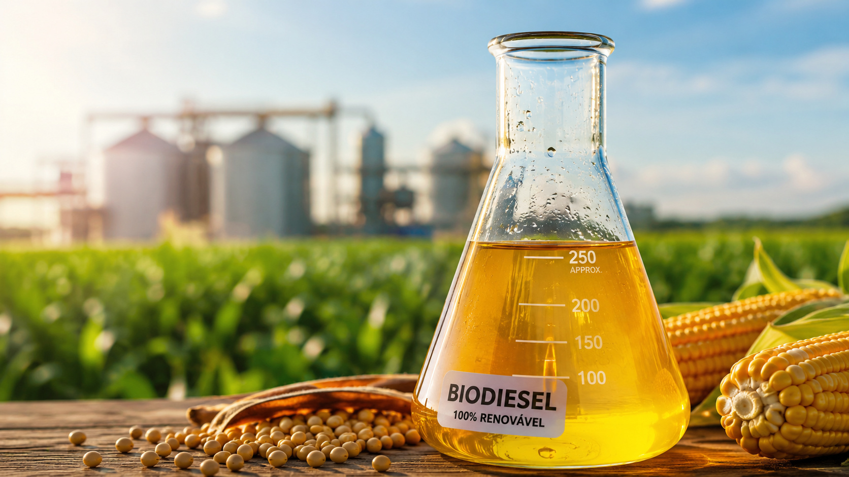 Frasco erlenmeyer com biodiesel dourado em destaque diante de plantação de milho e estrutura industrial, representando o avanço dos biocombustíveis em Mato Grosso.