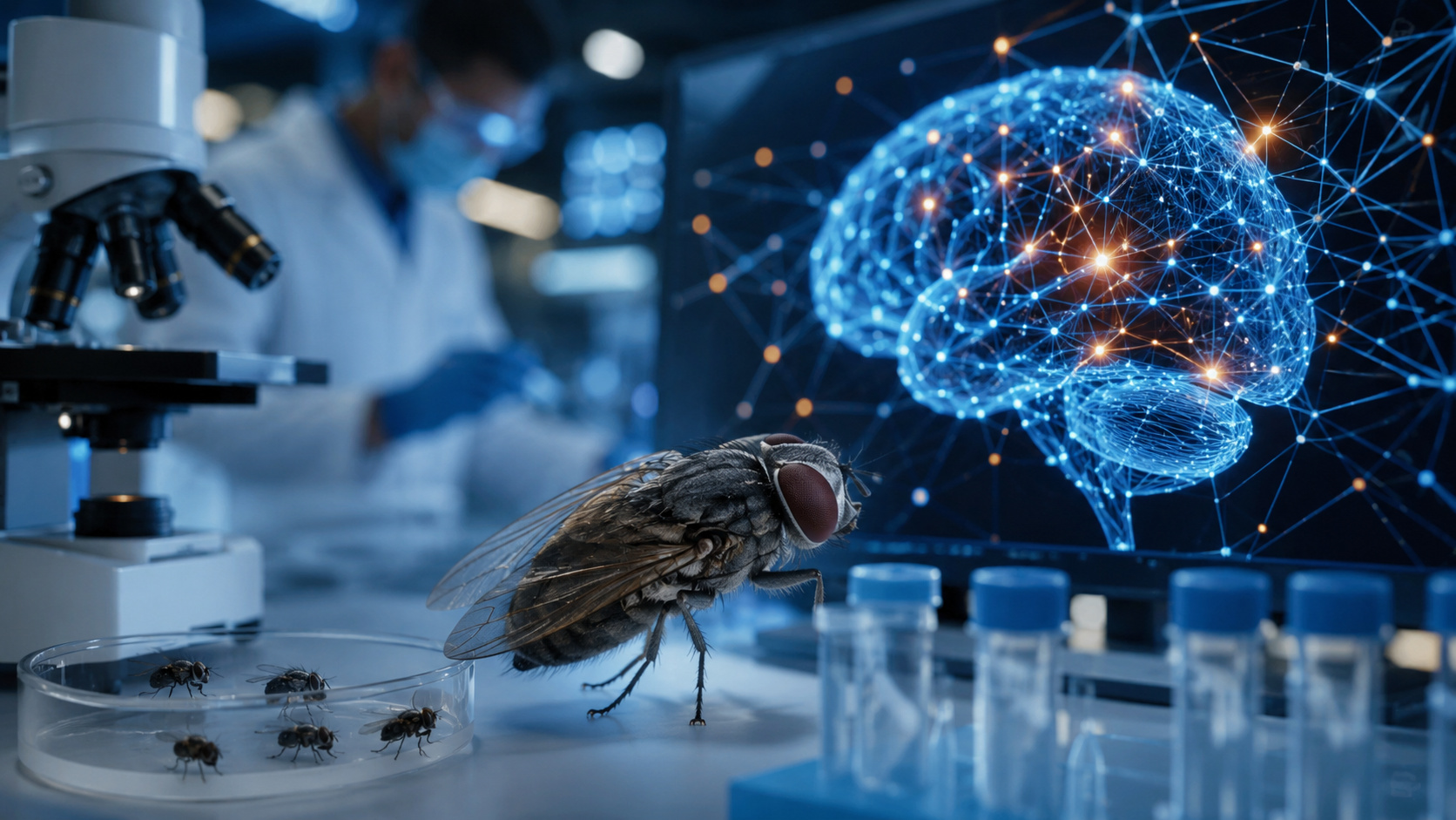 Mosca em ambiente laboratorial ao lado de representação digital de cérebro de inteligência artificial, ilustrando estudo científico sobre visão rápida e tecnologias inspiradas na natureza.