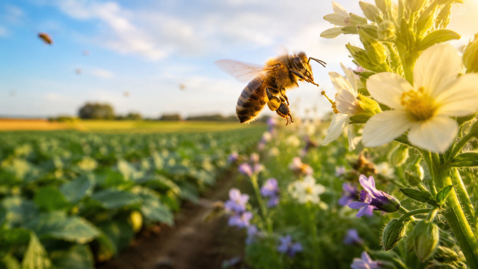 Abelha em destaque voando próxima de flores em plantação agrícola durante o pôr do sol, representando a importância da polinização para a agricultura sustentável.