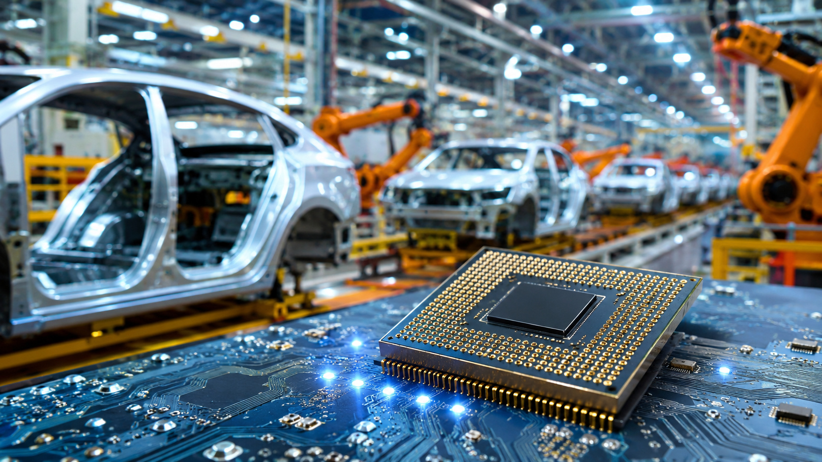 Chip semicondutor em destaque sobre placa eletrônica com linha de montagem automotiva ao fundo, representando a proposta de instalação de uma fábrica de chips para atender a operação da GWM no Espírito Santo.